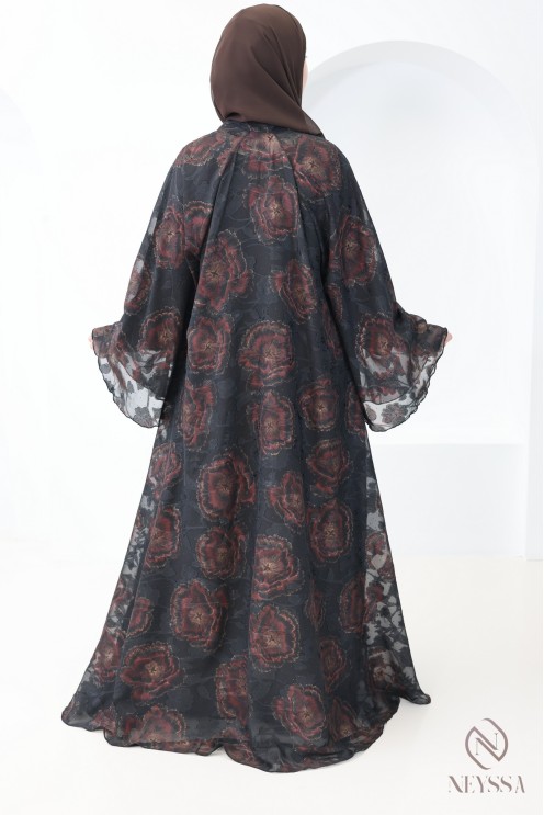 Abaya Dubaï kimono chocolat en mousseline avec strass femme voilée