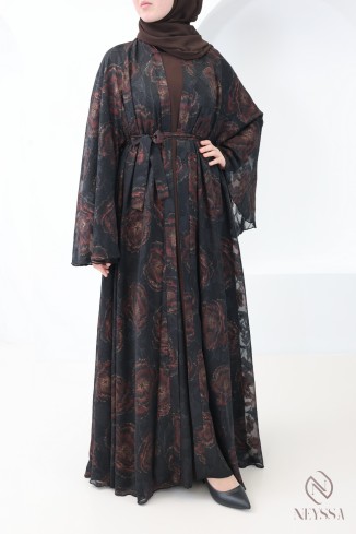 Abaya Dubaï kimono chocolat en mousseline avec strass femme voilée
