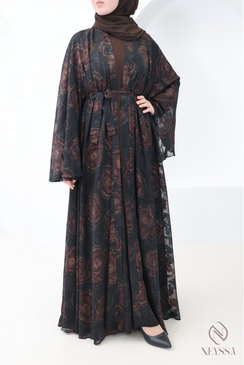 Abaya Dubaï kimono chocolat en mousseline avec strass femme voilée