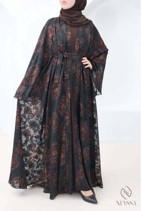 Abaya Dubaï kimono chocolat en mousseline avec strass femme voilée