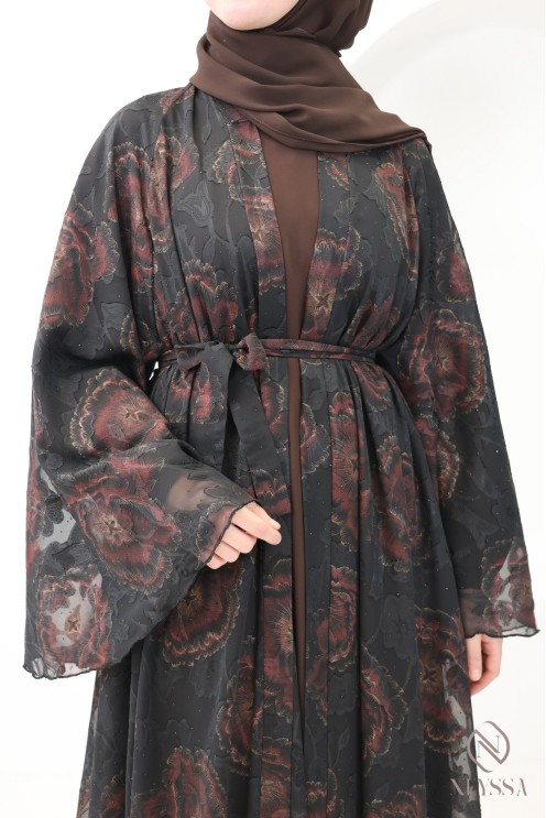 Dubai chocolate chiffon kimono abaya with rhinestones for veiled women