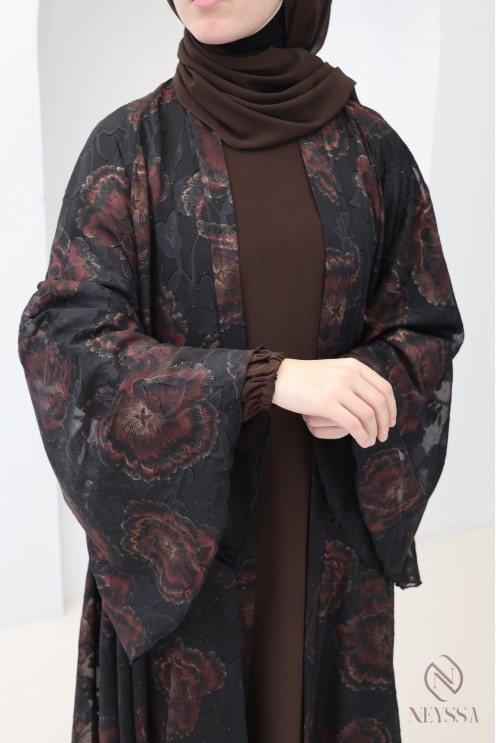 Abaya Dubaï kimono chocolat en mousseline avec strass femme voilée