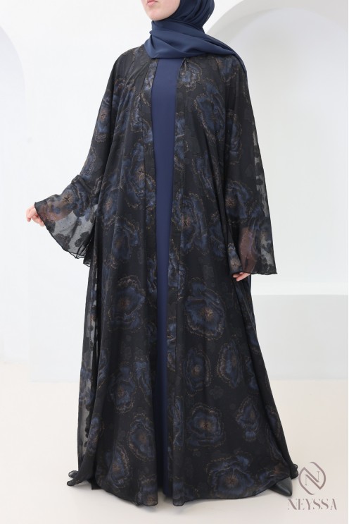 Abaya Dubaï kimono bleu en mousseline pour femme voilée tendance
