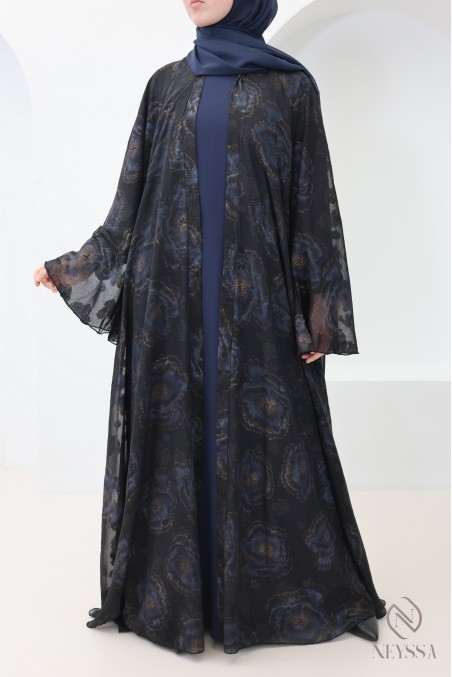 Abaya Dubaï kimono bleu en mousseline pour femme voilée tendance