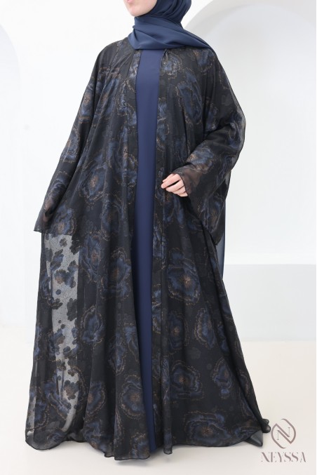 Abaya Dubai blauer Kimono aus Musselin für verschleierte