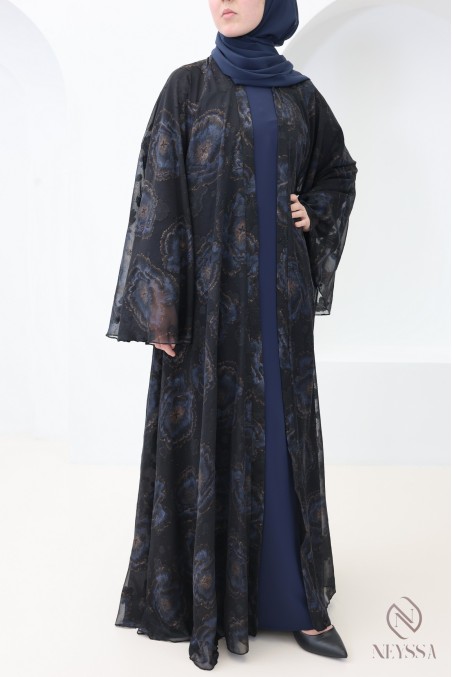 Abaya Dubaï kimono bleu en mousseline pour femme voilée tendance