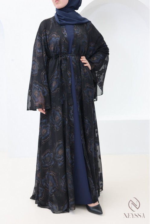 Abaya Dubai blauer Kimono aus Musselin für verschleierte