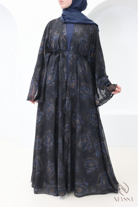 Abaya Dubaï kimono bleu en mousseline pour femme voilée tendance