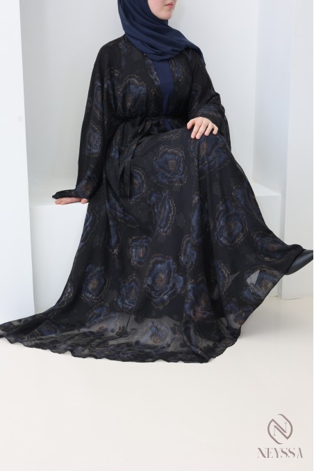 Abaya Dubaï kimono bleu en mousseline pour femme voilée tendance