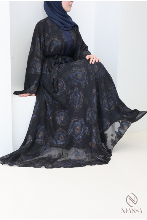 Abaya Dubaï kimono bleu en mousseline pour femme voilée tendance