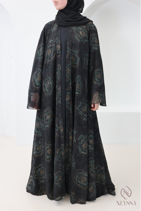 Abaya Dubaï kimono avec motifs brodée et strass coupe évasée femme