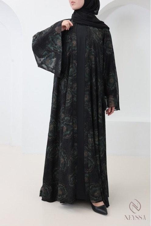 Abaya Dubaï kimono avec motifs brodée et strass coupe évasée femme
