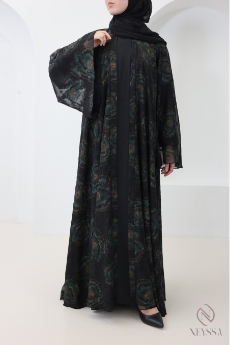 Abaya Dubaï kimono avec motifs brodée et strass coupe évasée femme