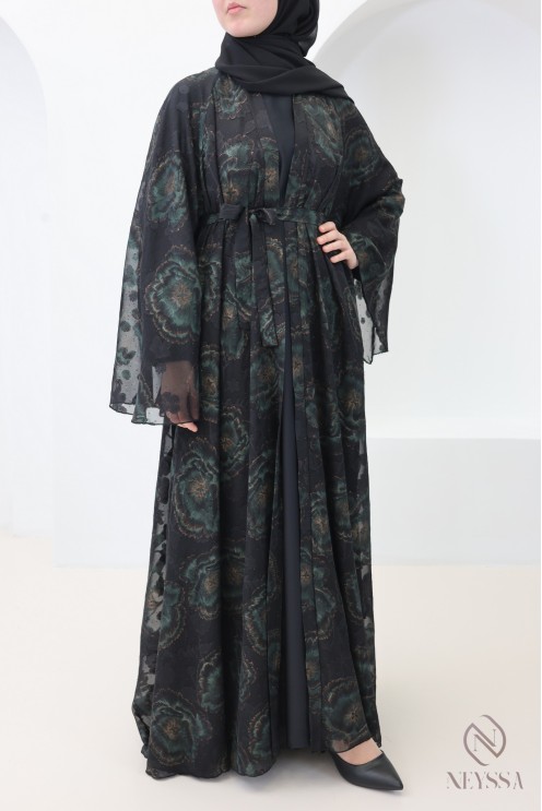 Abaya Dubaï kimono avec motifs brodée et strass coupe évasée femme