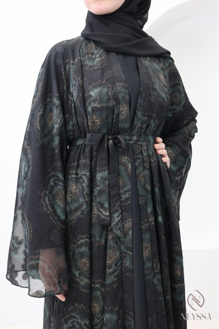 Dubai kimono abaya with embroidered patterns and rhinestones