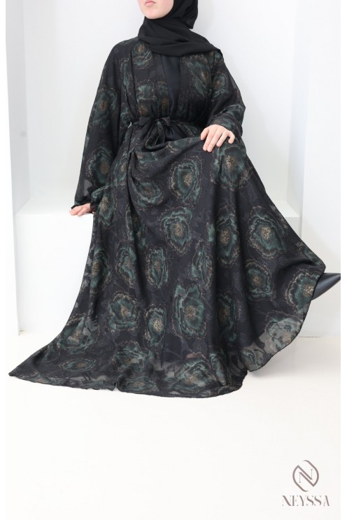 Abaya Dubaï kimono avec motifs brodée et strass coupe évasée femme