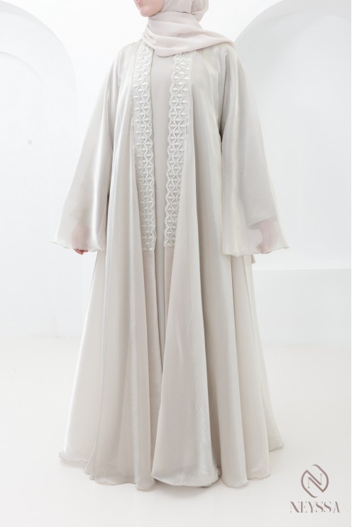 Abaya Dubai Kimono greige Organza ausgestellter Schnitt