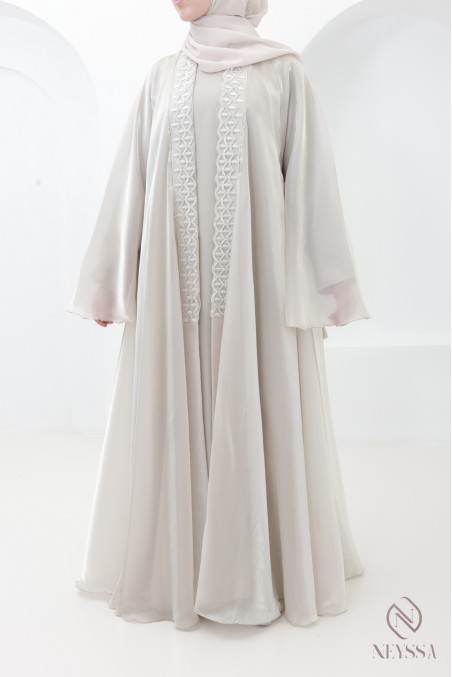 Abaya Dubai Kimono greige Organza ausgestellter Schnitt