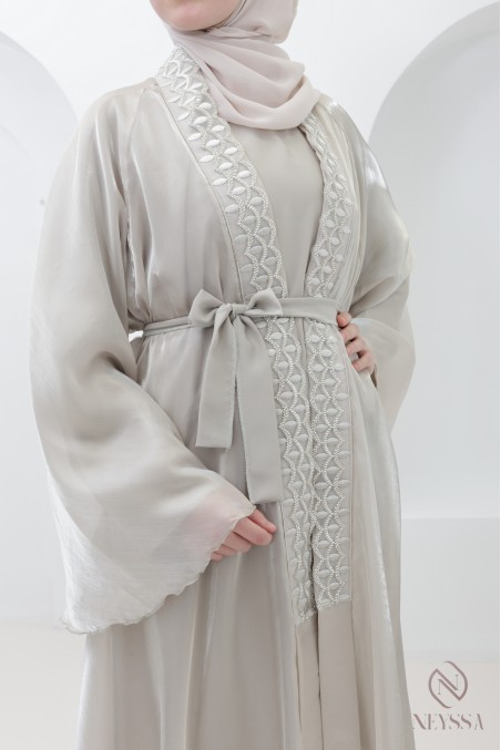 Abaya Dubai Kimono greige Organza ausgestellter Schnitt