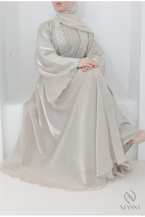 Abaya Dubai Kimono greige Organza ausgestellter Schnitt