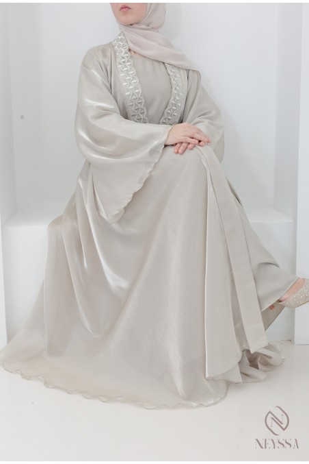Abaya Dubai Kimono greige Organza ausgestellter Schnitt