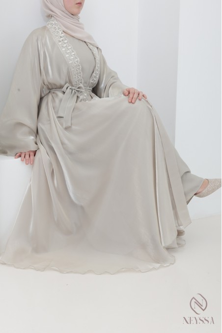 Abaya Dubai Kimono greige Organza ausgestellter Schnitt