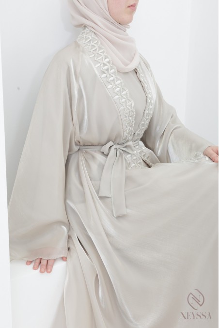 Abaya Dubai Kimono greige Organza ausgestellter Schnitt