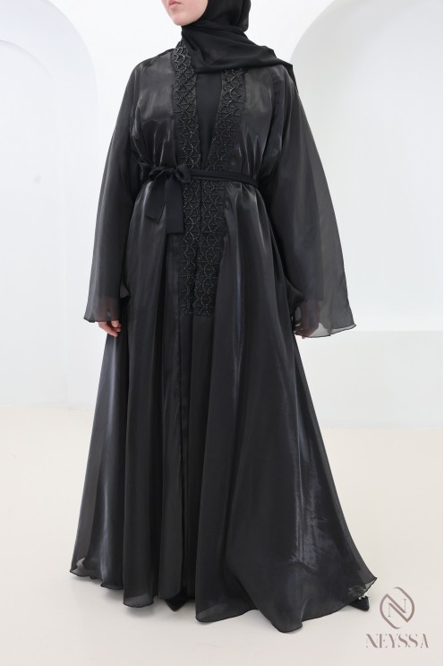 Abaya Dubai Kimono aus schwarzem Satin-Organza, Umbrella