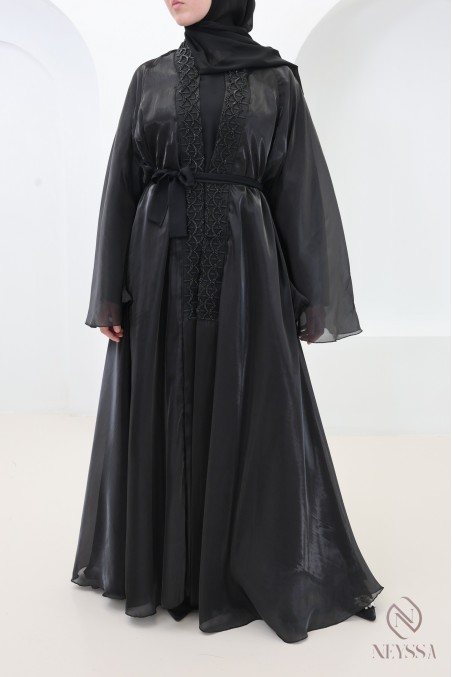Abaya Dubai Kimono aus schwarzem Satin-Organza, Umbrella