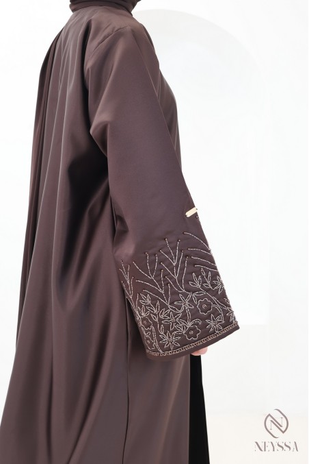 Chocolate Dubai abaya, Nidah silk kimono with floral beading