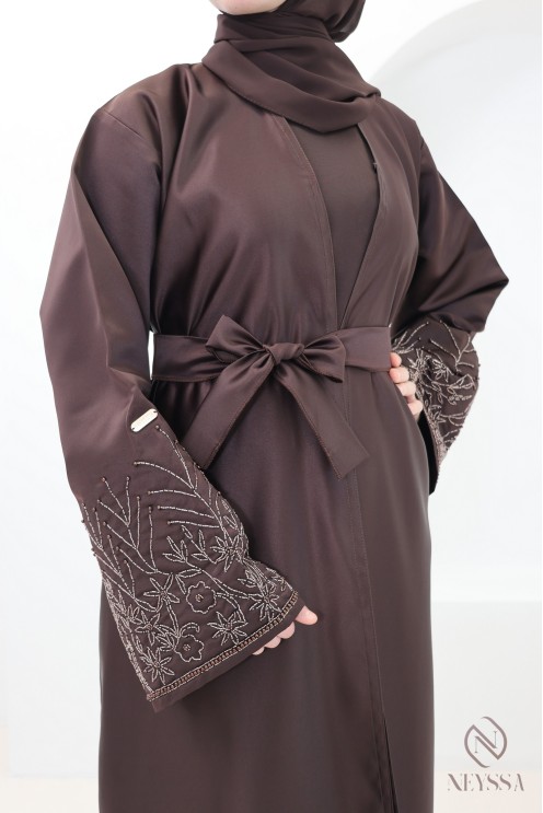 Chocolate Dubai abaya, Nidah silk kimono with floral beading