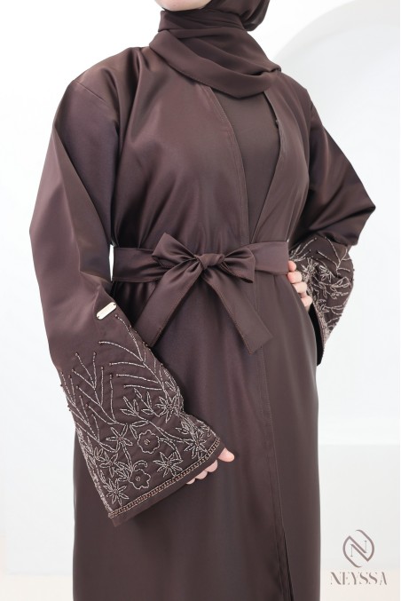 Chocolate Dubai abaya, Nidah silk kimono with floral beading