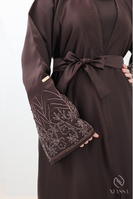 Chocolate Dubai abaya, Nidah silk kimono with floral beading