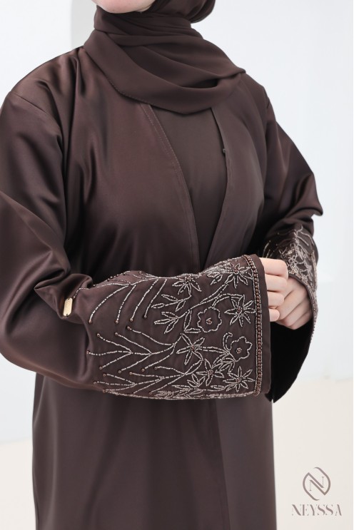 Abaya Dubai schokoladenbraun, Seidenkimono aus Nidah