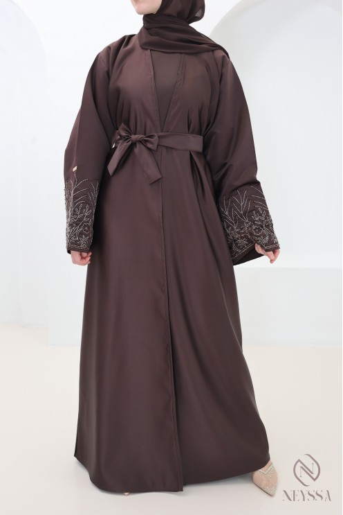 Chocolate Dubai abaya, Nidah silk kimono with floral beading