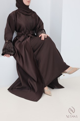Chocolate Dubai abaya, Nidah silk kimono with floral beading