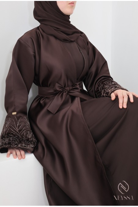 Chocolate Dubai abaya, Nidah silk kimono with floral beading