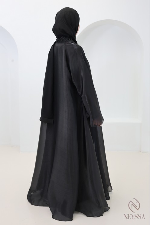Dubai black satin organza umbrella cut hijabi abaya