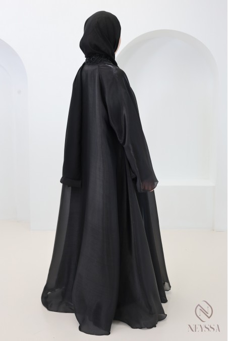 Dubai black satin organza umbrella cut hijabi abaya