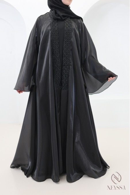 Dubai black satin organza umbrella cut hijabi abaya