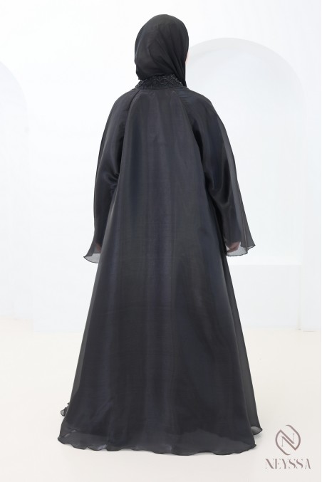Abaya Dubaï kimono organza satinée noir coupe umbrella hijabi