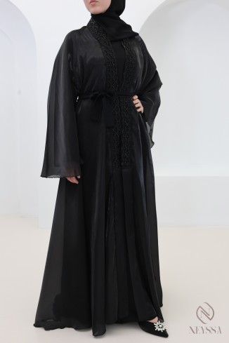 Dubai black satin organza umbrella cut hijabi abaya 2