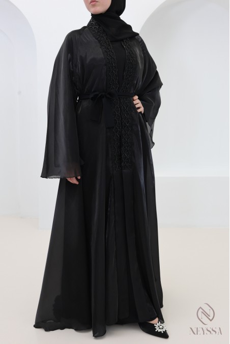 Abaya Dubai Kimono aus schwarzem Satin-Organza, Umbrella