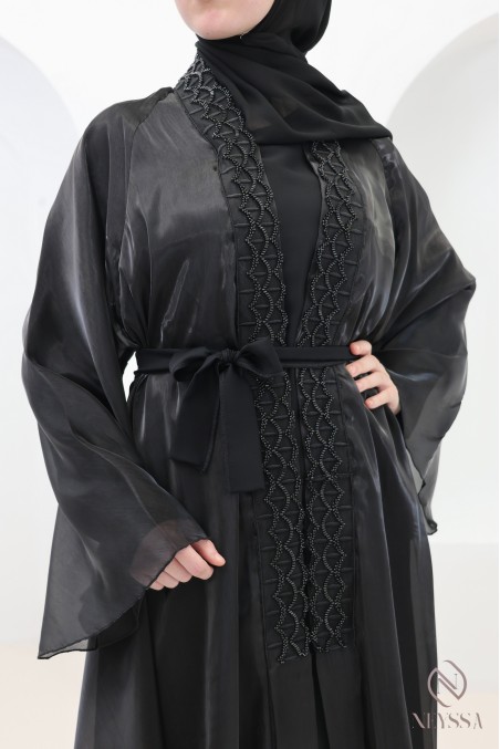 Abaya Dubai Kimono aus schwarzem Satin-Organza, Umbrella