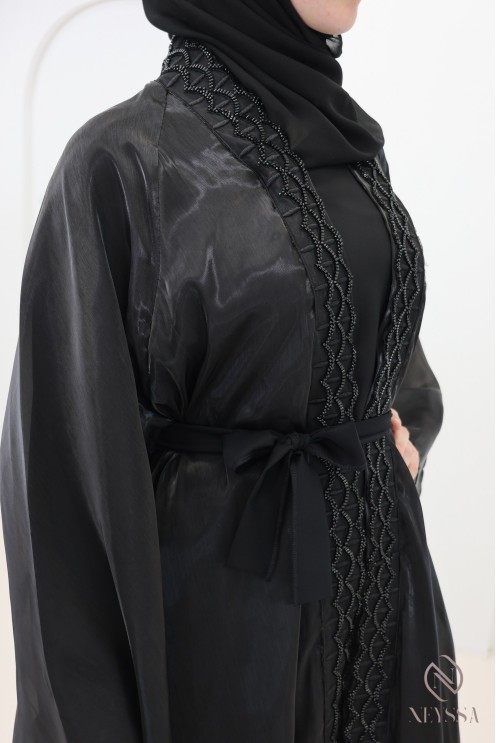 Abaya Dubai Kimono aus schwarzem Satin-Organza, Umbrella
