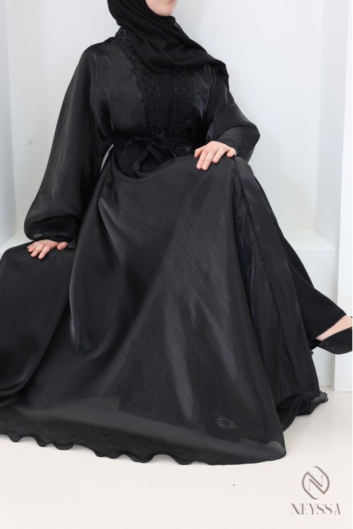 Dubai black satin organza umbrella cut hijabi abaya