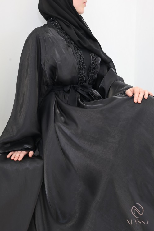 Abaya Dubai Kimono aus schwarzem Satin-Organza, Umbrella