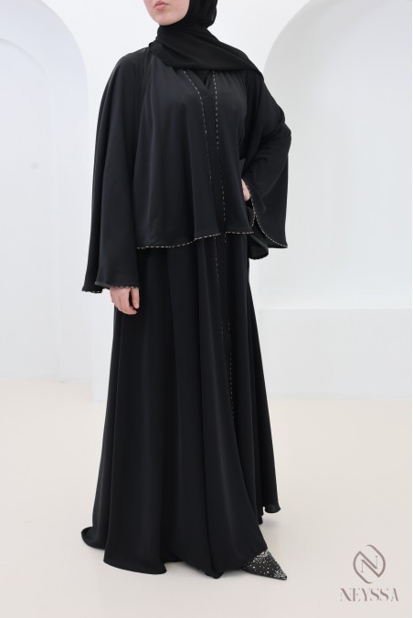 Dubai kimono abaya with ruffles and rhinestones, Eid outfit for hijabi women