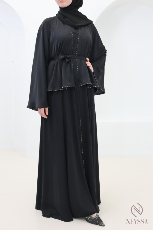 Dubai kimono abaya with ruffles and rhinestones, Eid outfit for hijabi women