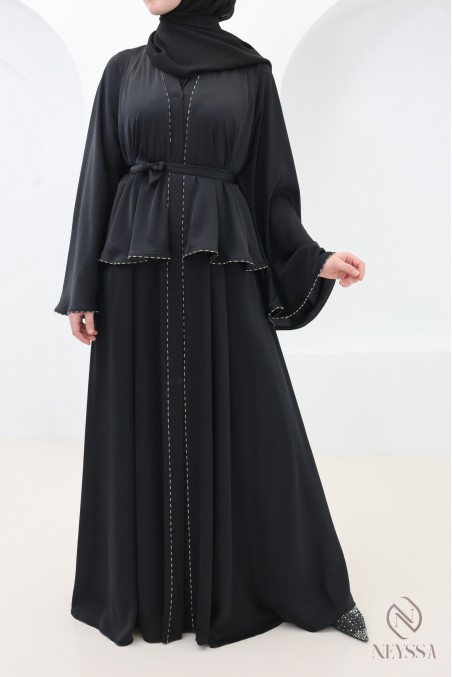 Abaya Dubai Kimono mit Volants und Strasssteinen, Eid-Outfit Hijabi